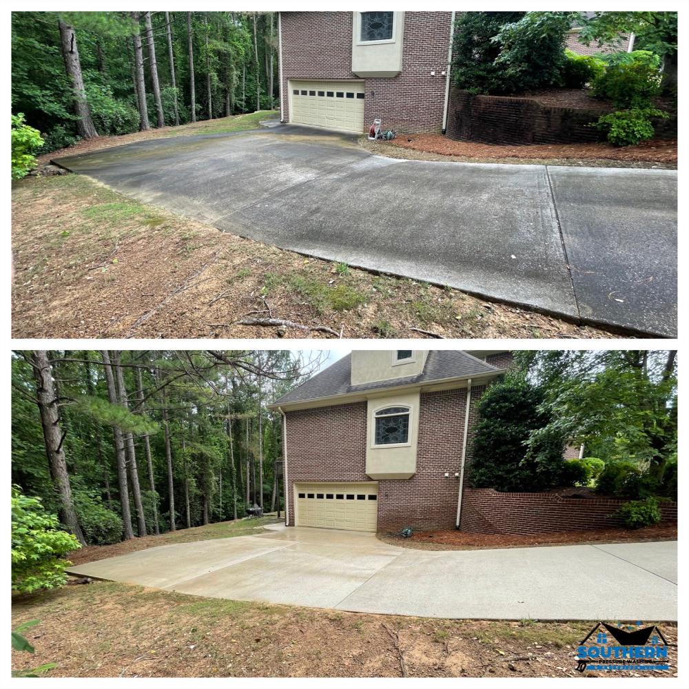 before and after concrete cleaning on brick home