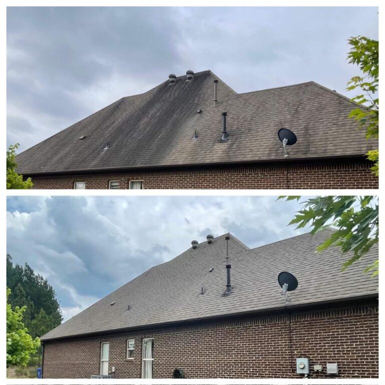 before and after roof wash of brick home
