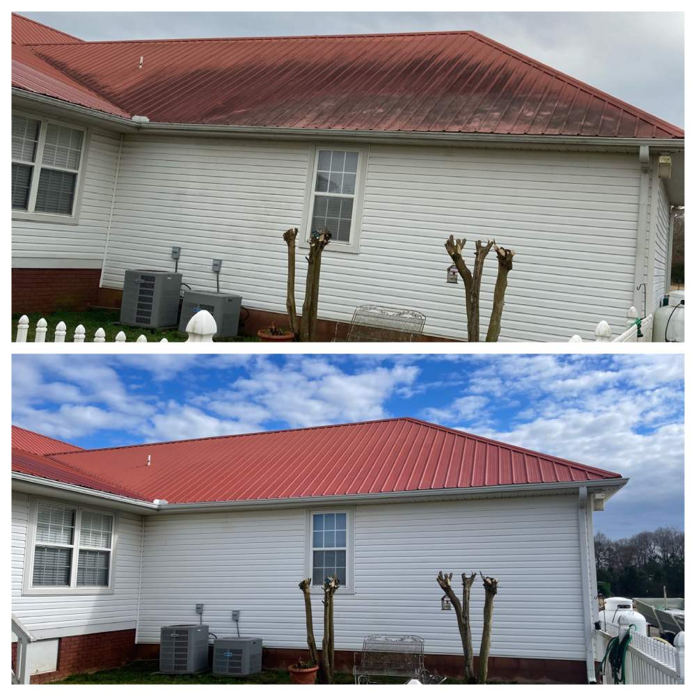 before and after roof wash on white home
