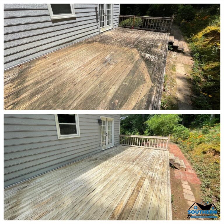 before and after deck cleaning behind gray home