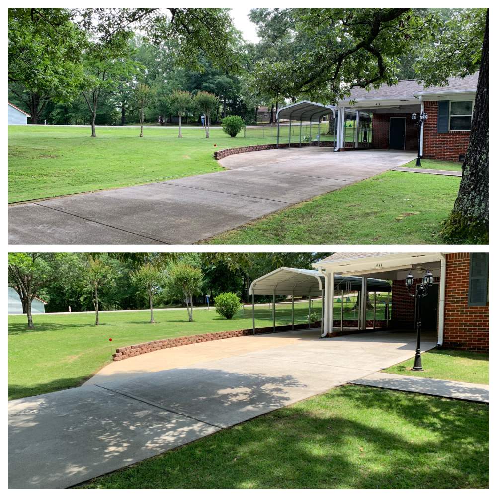before and after concrete cleaning in front of brick home