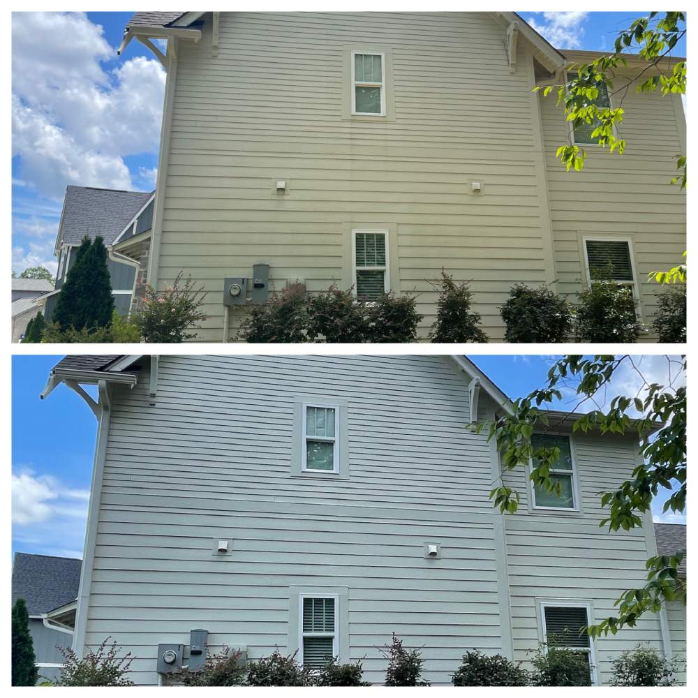 before and after house wash of white siding