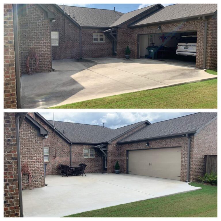 before and after concrete cleaning of driveway in front of brick home